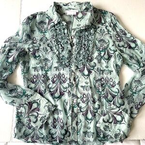 To the Max 100% Silk Button Down Sheer Blouse Paisley Pattern Ruffles Cuffs